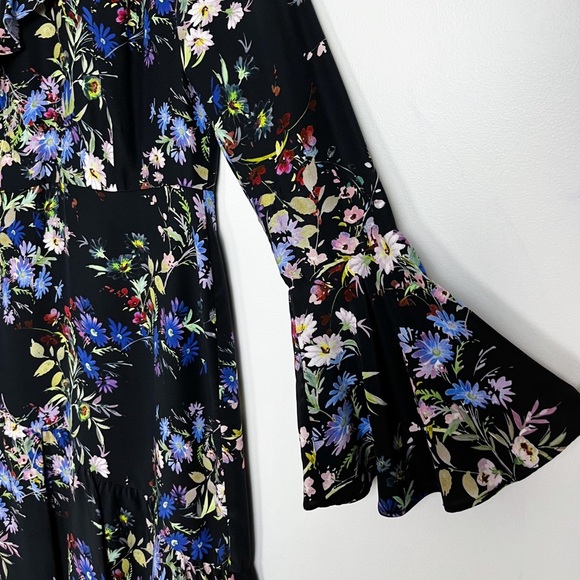 Parker One Sleeve Silk Black Asymmetric Ruffle Dress 6 Dark Floral Flounce - Picture 6 of 12